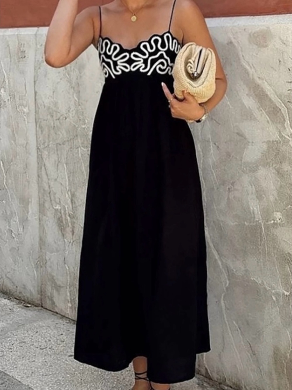 Commense - Black Maxi Dress with White Embroidered Bodice - Picture 7 of 8